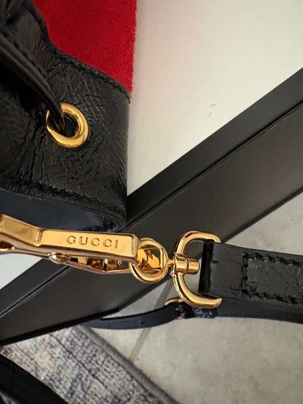 GUCCI Red Suede Black Patent Ophidia Bucket Bag Crossbody Like New! - Picture 7 of 16